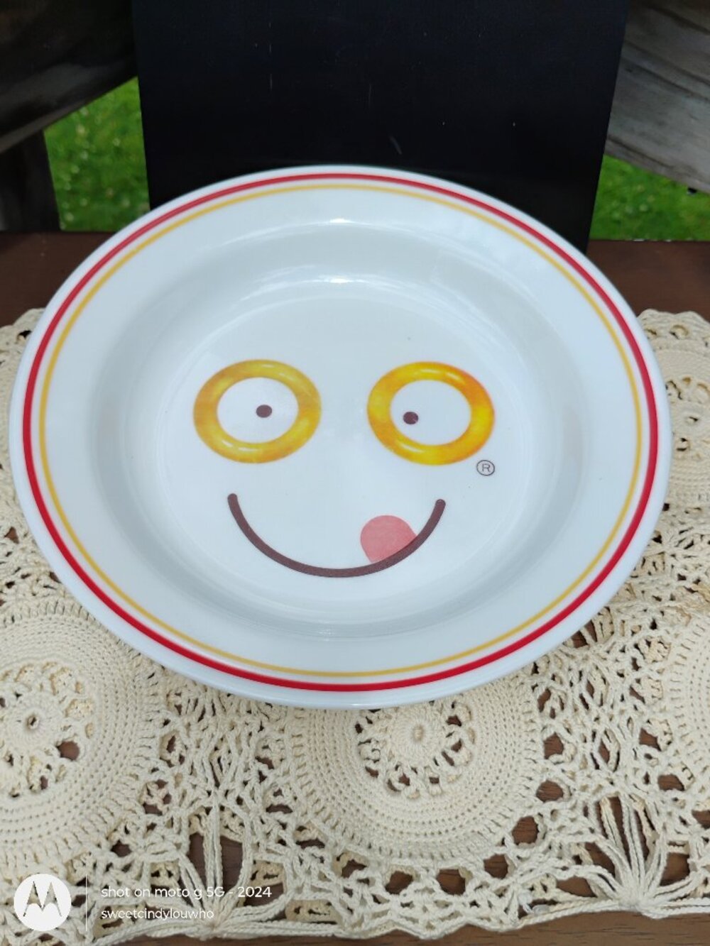 Corelle SpaghettiOs 25th Anniversary bowl smiling face design round 1990s vintag